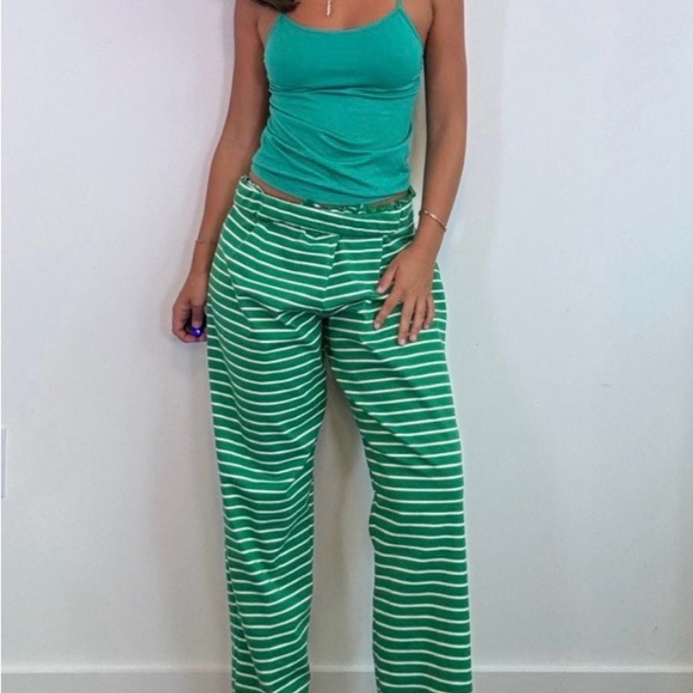 Green Striped Wide-Leg Lounge Pants